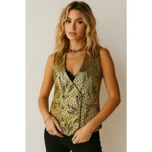 Vintage 80s Gold Metallic Lamé Brocade Custom Made Cocktail Vest L XL